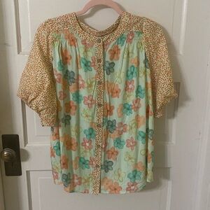 Sage& Fig Floral Blouse with Orange and Blue Accents